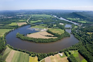 Aerial of Oxbow and Oxbow Marina on Connecticut Rivernear Holyoke Ridge and Mount Tom, Northampton, MA
